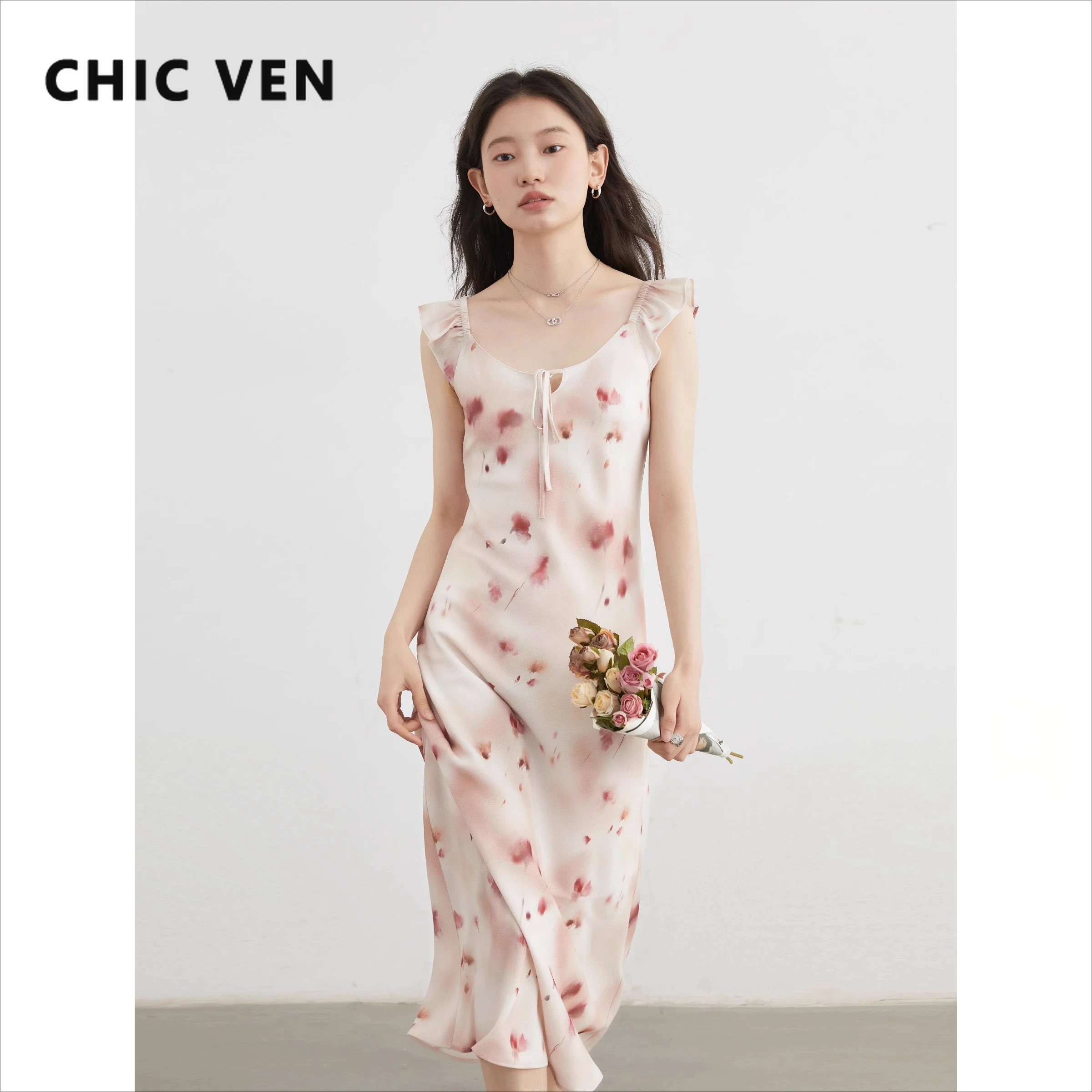 CHIC VEN femmes robes rétro mince décontracté nouveau col en U Halo imprimé petite sans manches long
