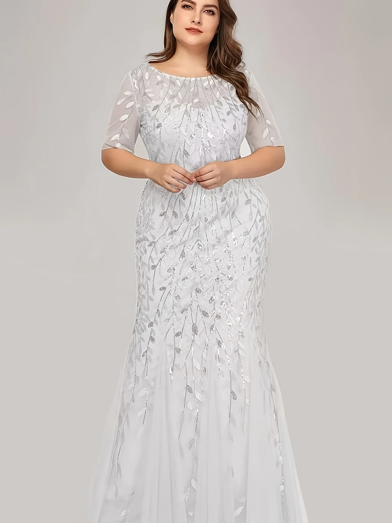 Robe de soirée sirène grande taille pour femme, manches mi-longues, col rond, broderie de feuilles e
