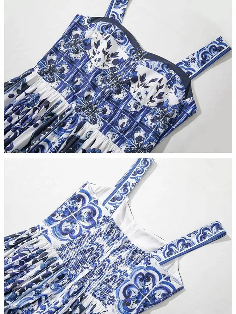 Robe longue d'été JAMERARY à imprimé floral en porcelaine bleue et blanche pour femmes Bretelles Fer