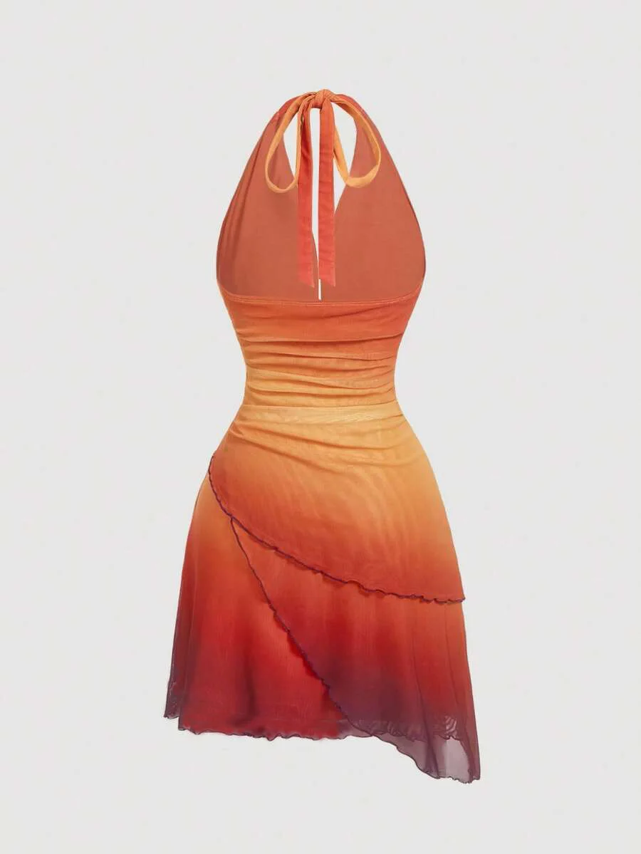 Robe asymétrique à bretelles spaghetti, dos nu, avec nœud papillon dégradé