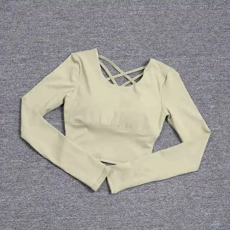 Dos creux pour femme avec soutien-gorge intégré, haut de yoga à manches longues, soutien-gorge une p