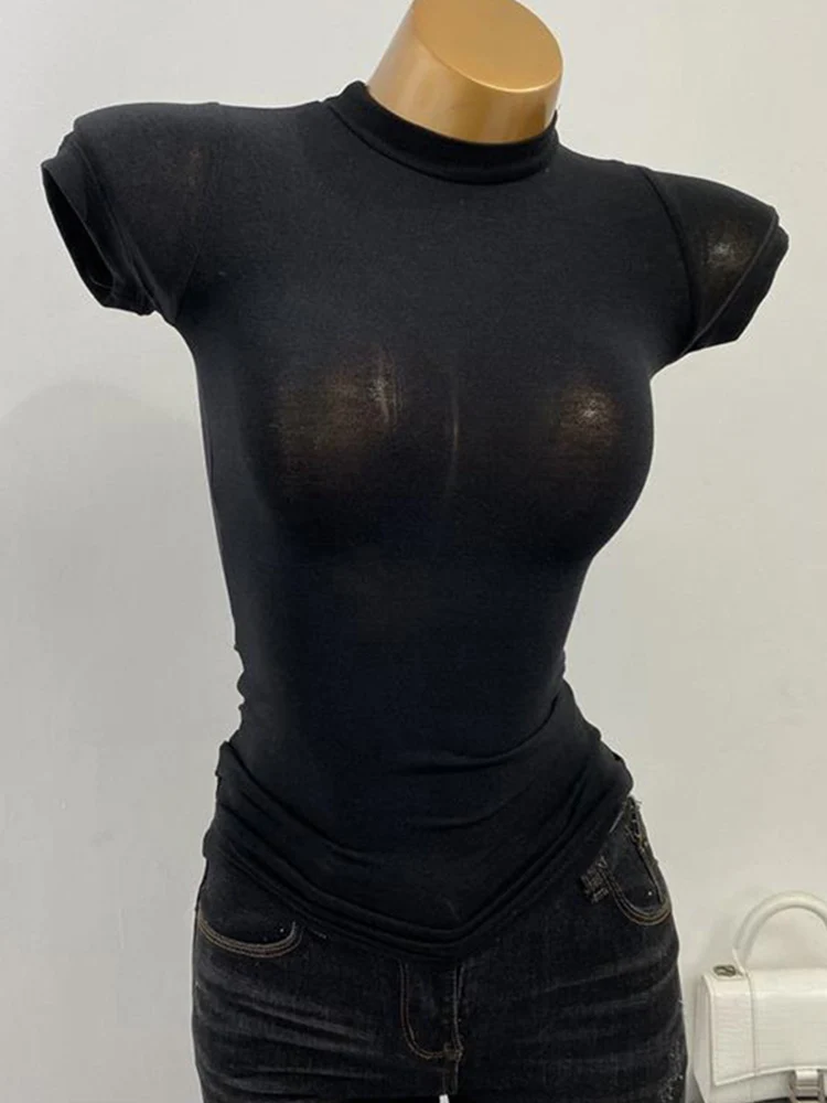 T-shirt col mi-haut coréen Transparent à manches courtes coupe ajustée élastique solide chemise à fo