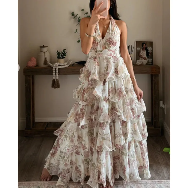Robe longue bohème florale à volants 2026, dos nu, style corset, pour cocktail, élégante, pour invit