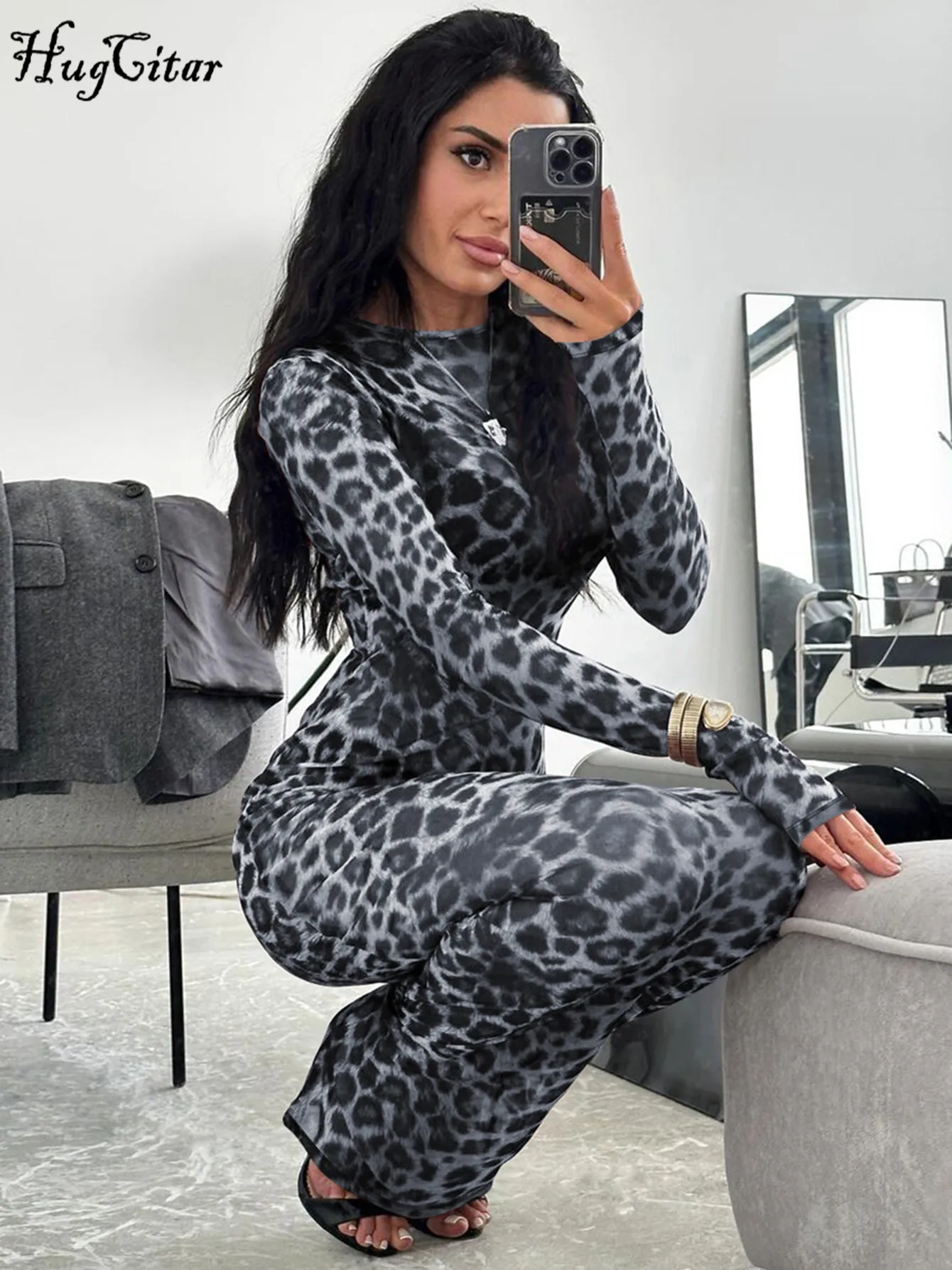 Hugcitar imprimé léopard maille à manches longues Sexy mince voir à travers Maxi robe automne femmes