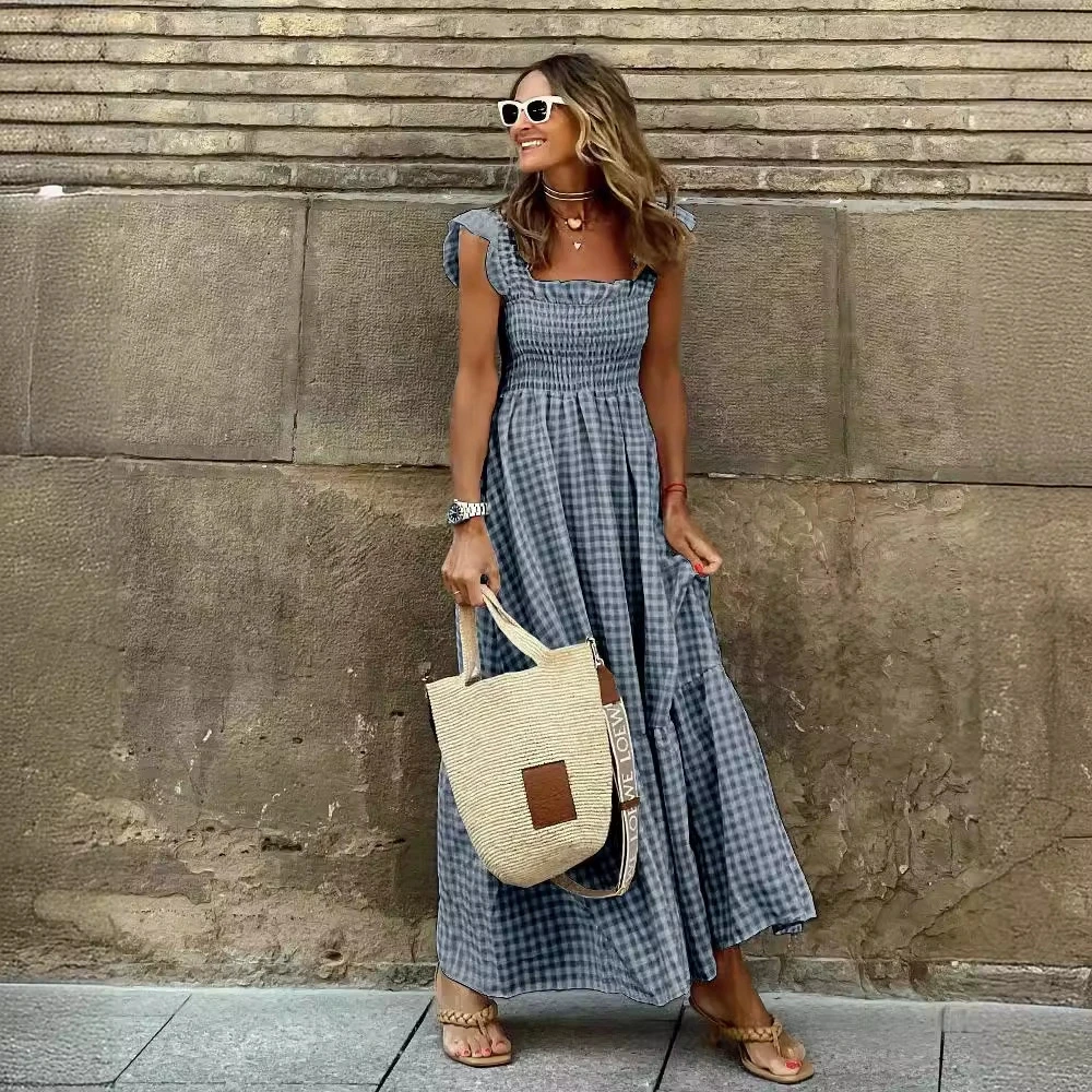 Robe longue plissée sans manches à fines bretelles et volants, style rétro à carreaux, pour femmes e