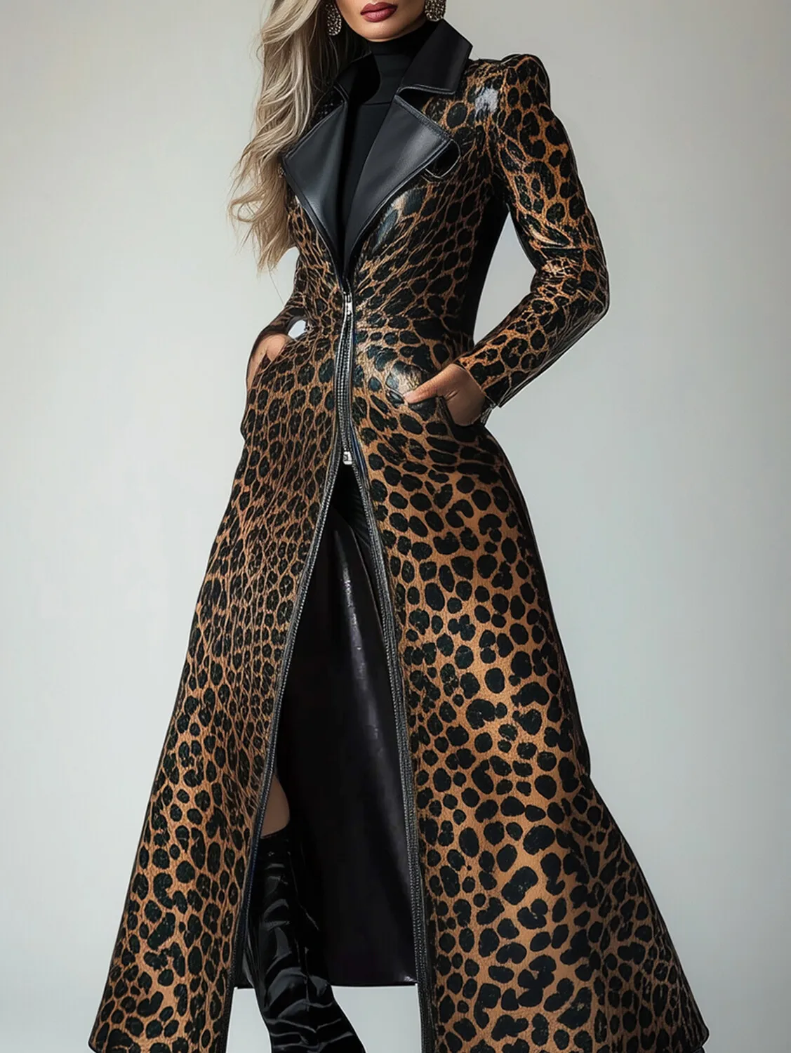Trench-coat en cuir PU avec poche zippée et motif léopard