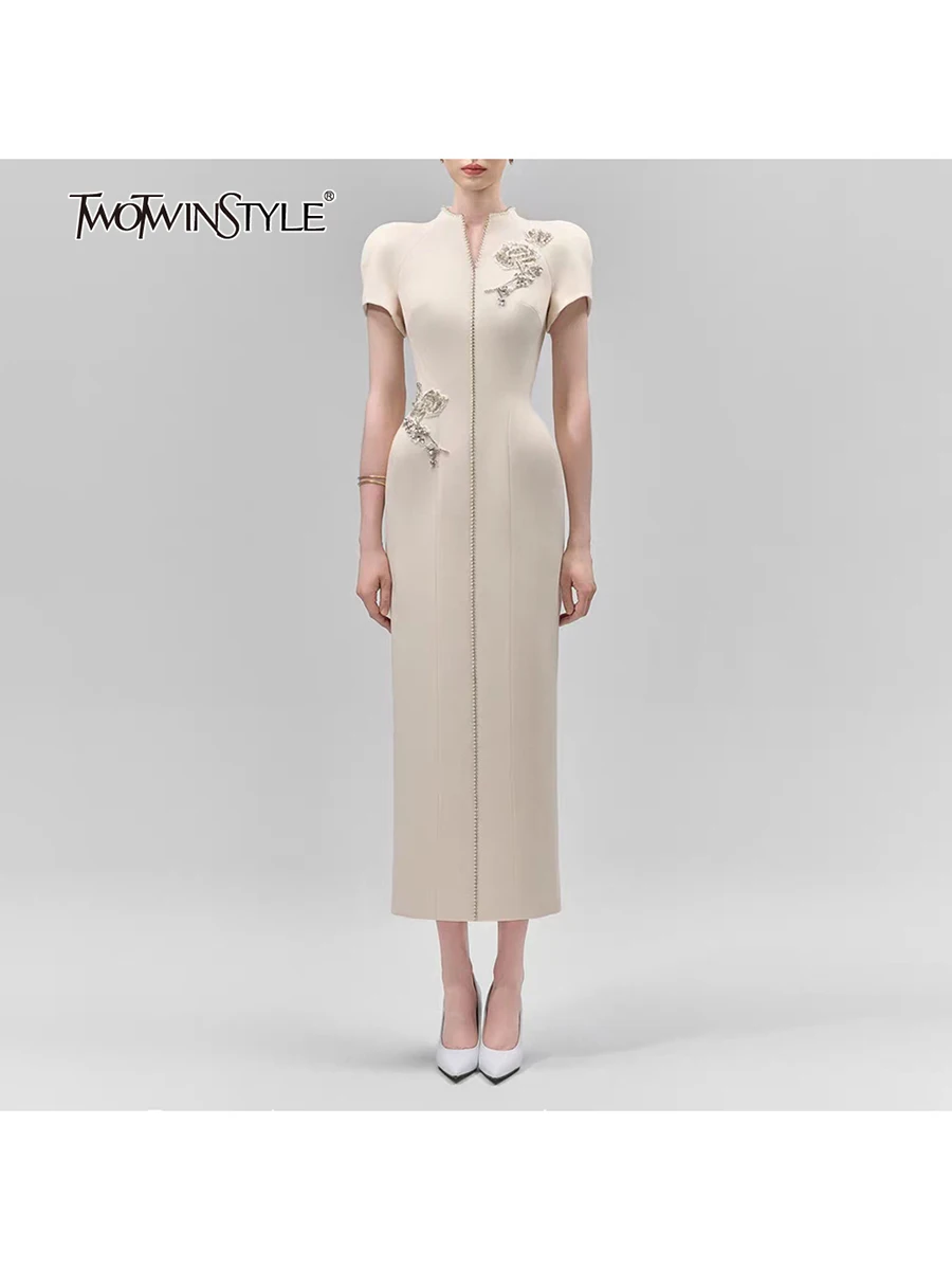 Robe amincissante TWOTWINSTYLE pour femme, col montant, manches courtes, patchwork brodé, ornée de d