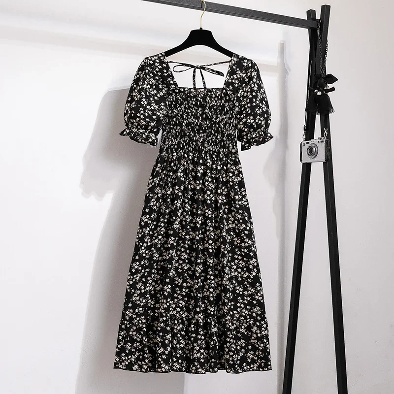 Printemps été robes en mousseline de soie mode femme taille élastique à manches courtes plissée tenu