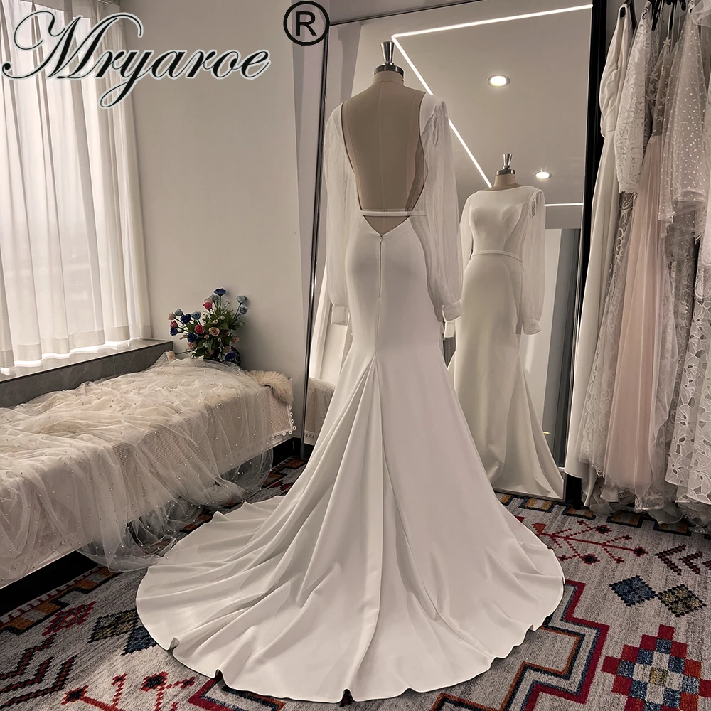 Mryarce robes de mariée extensibles minimalistes longues manches en Tulle plissées dos nu robes de m