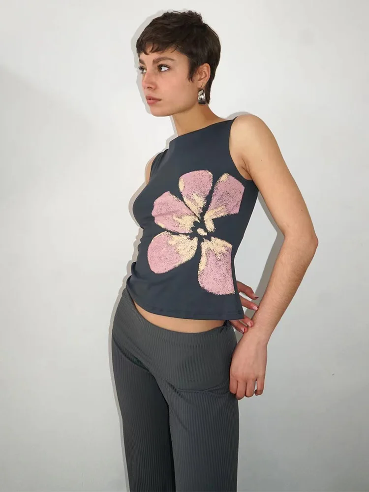 Débardeur court imprimé floral pour femmes, ajusté, col bateau, sans manches, haut d'été pour fête,