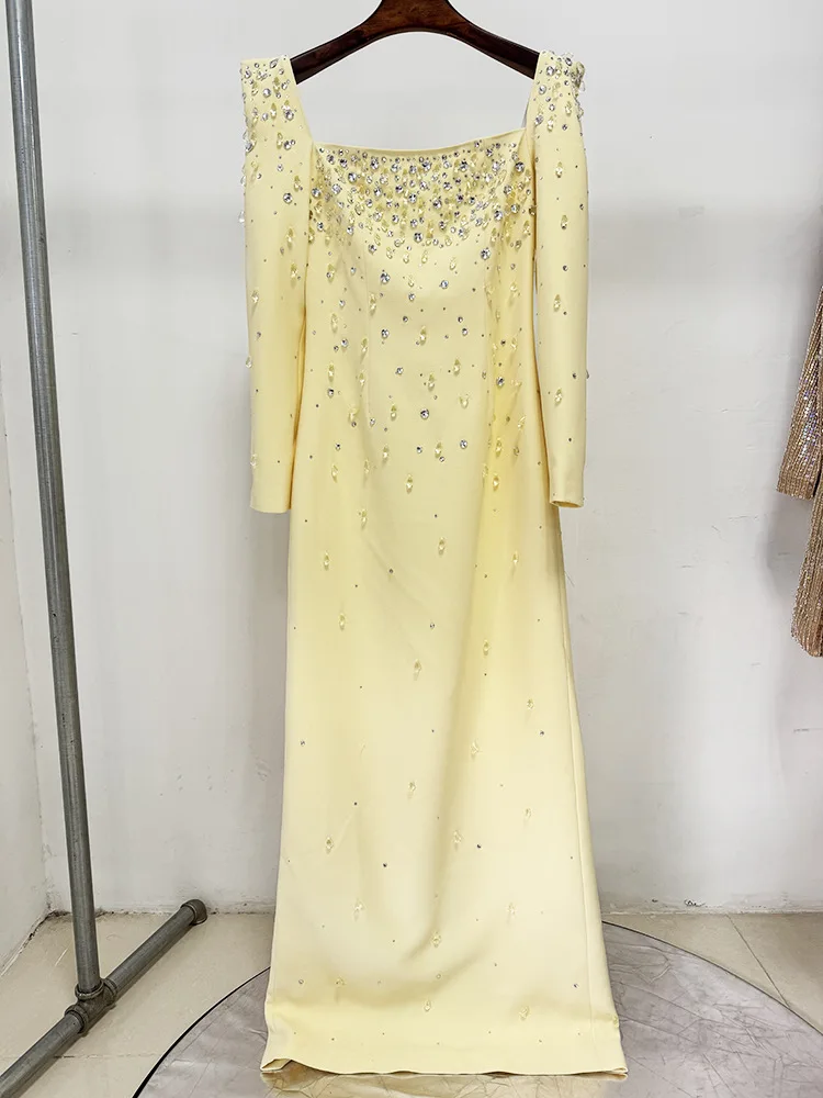 Robe longue maxi pour femme, col carré, perles et diamants, manches longues, nouvelle mode 2026, hau