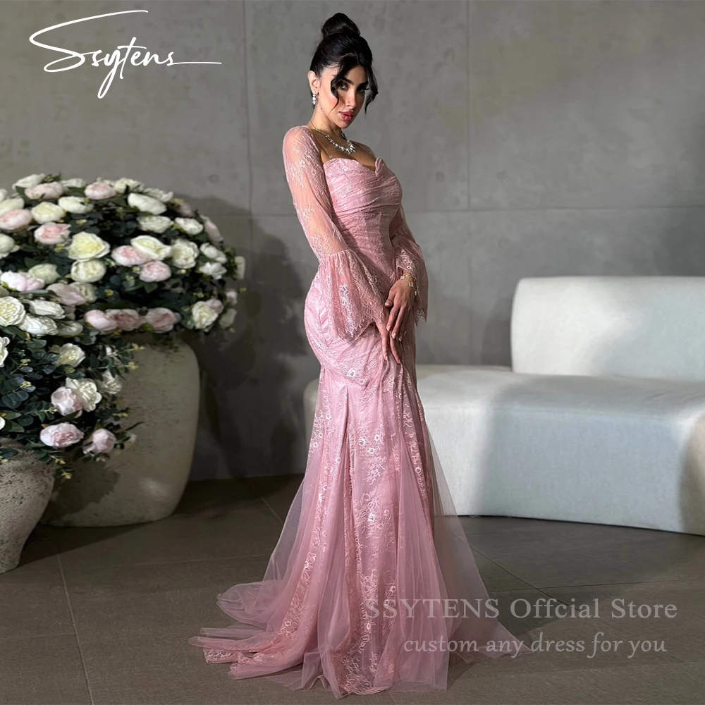 SSYTENS saoudien luxe rose robes de soirée sirène pleine dentelle robes de bal de mariage Formais El