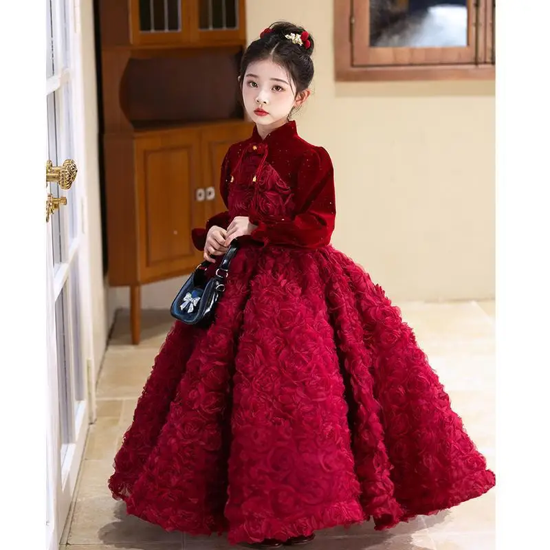 Robe de soirée vintage bordeaux à manches longues pour filles, tenue de cérémonie pour enfants, robe