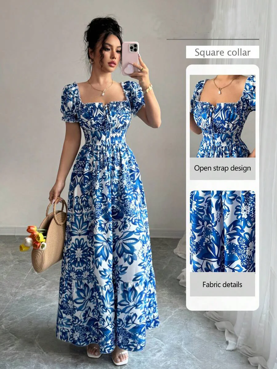Robe élégante à manches bulles pour femmes, imprimé Floral, robe longue bleue, cravate sur le devant