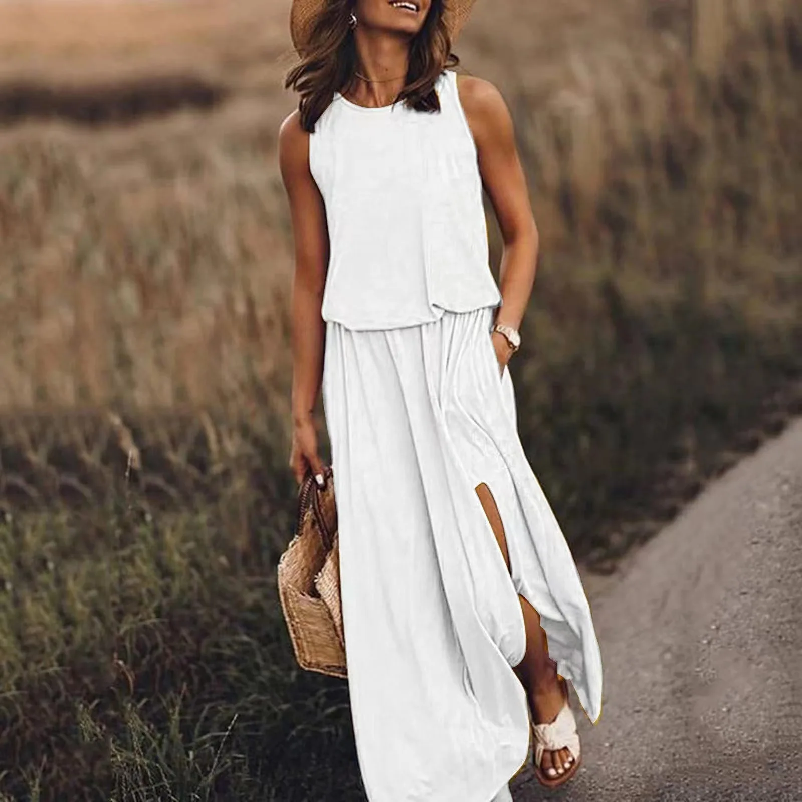 Robe longue d'été 2026 style vacances, couleur unie, col rond, sans manches, à bretelles