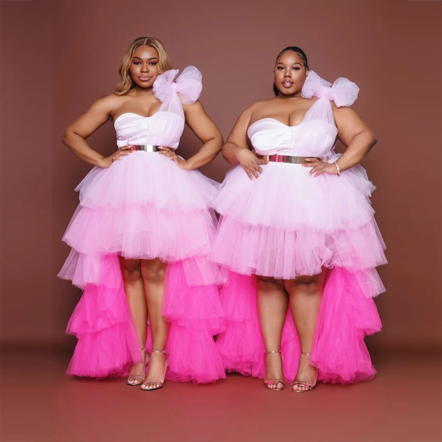 Magnifiques robes de bal roses asymétriques en tulle à volants, robes de soirée trapèze pour femmes,