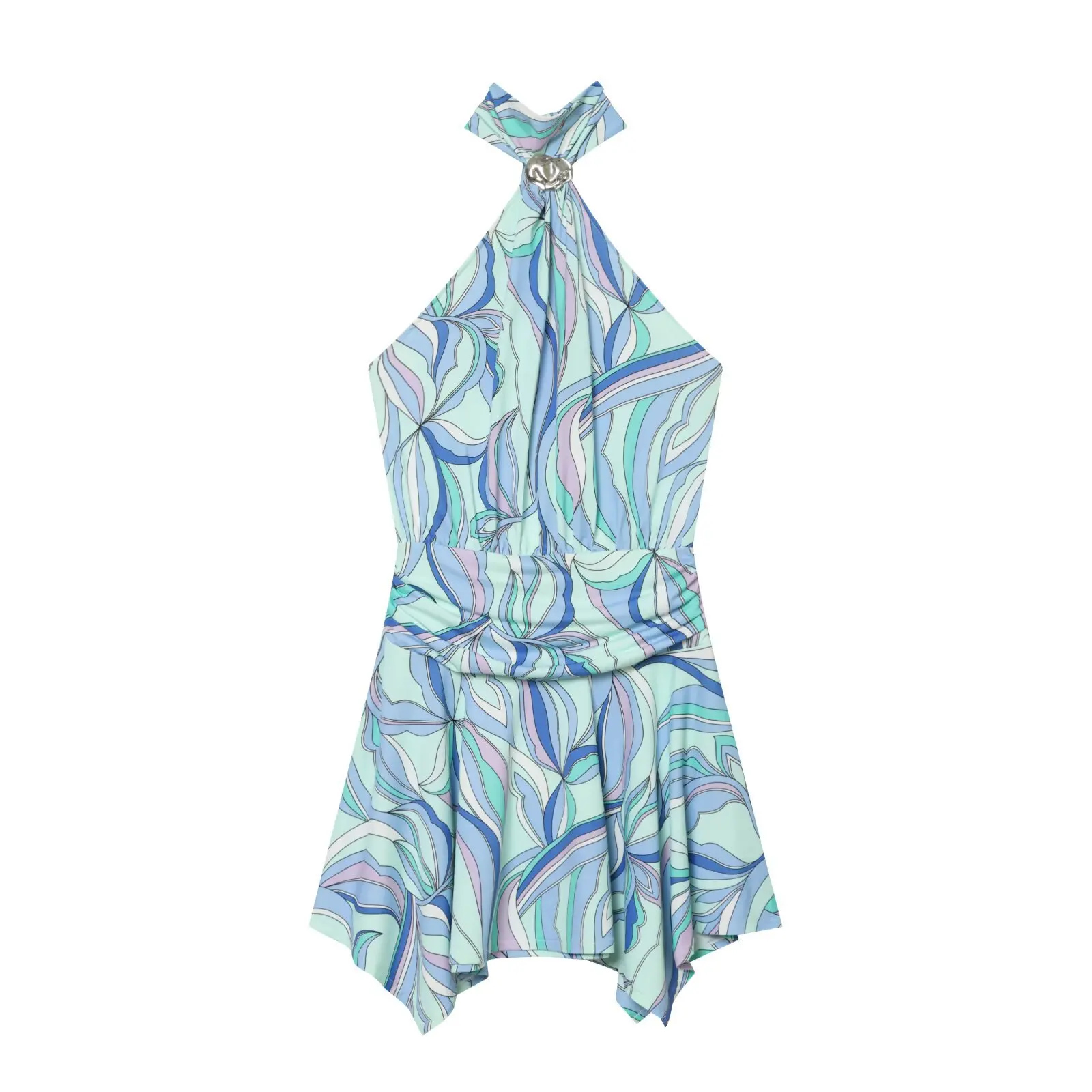 Nouvelle Robe Mini Chic d'Été 2026 pour Femme, Imprimé Abstrait, Col Halter, Sans Manches, Taille Fr
