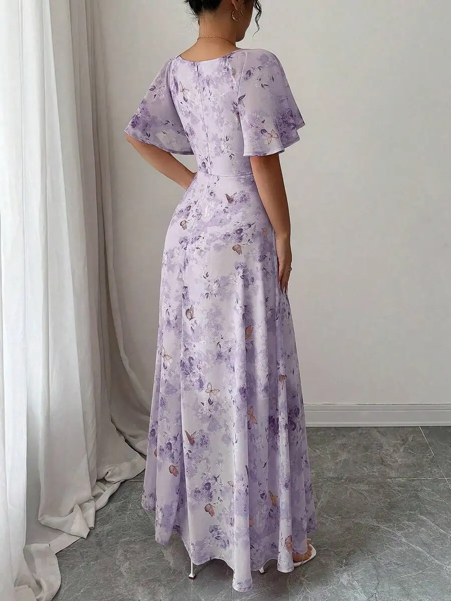 Mini robe de style français pour femmes, avec imprimé papillon violet, manches chauve-souris et ferm