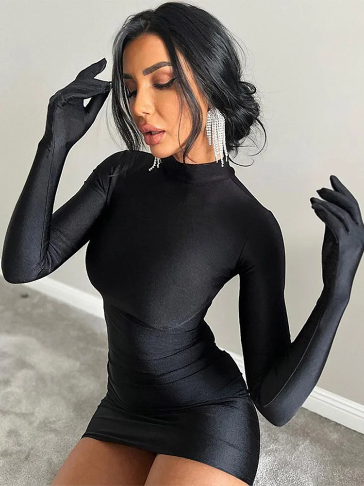 Mini robe moulante à manches longues avec gants, couleur unie, Sexy, Streetwear, tenue de fête, demi