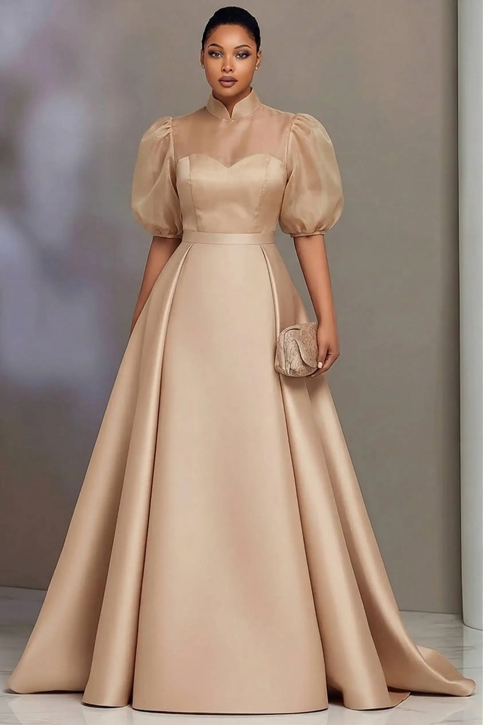 Robes de bal élégantes en satin grande taille pour femmes, col montant, robe longue style A, robe de