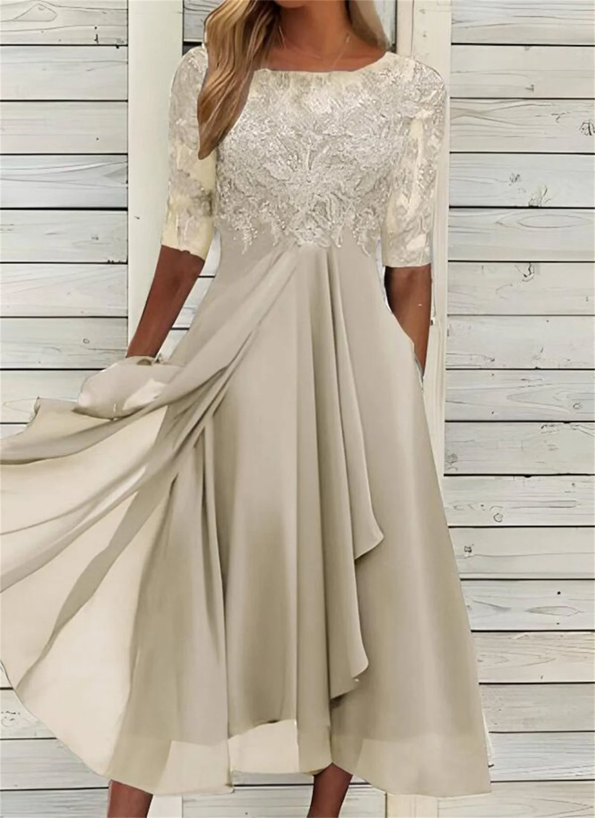 Robes élégantes pour la mère de la mariée, en dentelle avec appliques, manches 3/4, en mousseline fl