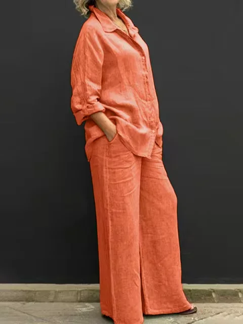Ensemble chemise décontractée en lin pour femmes, 2 pièces, mode revers, manches longues, boutons, c
