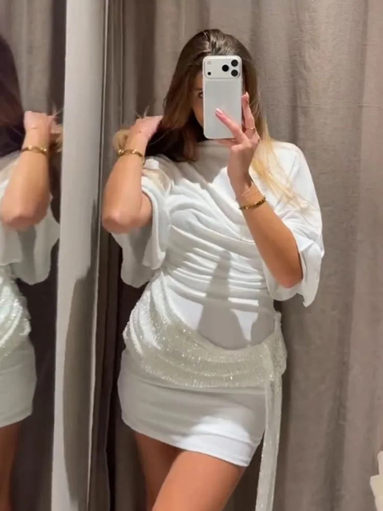 Robe Courte de Soirée HH pour Femme 2026 – Élégante, Blanche, à Manches Courtes, Dos Nu, Décoration 