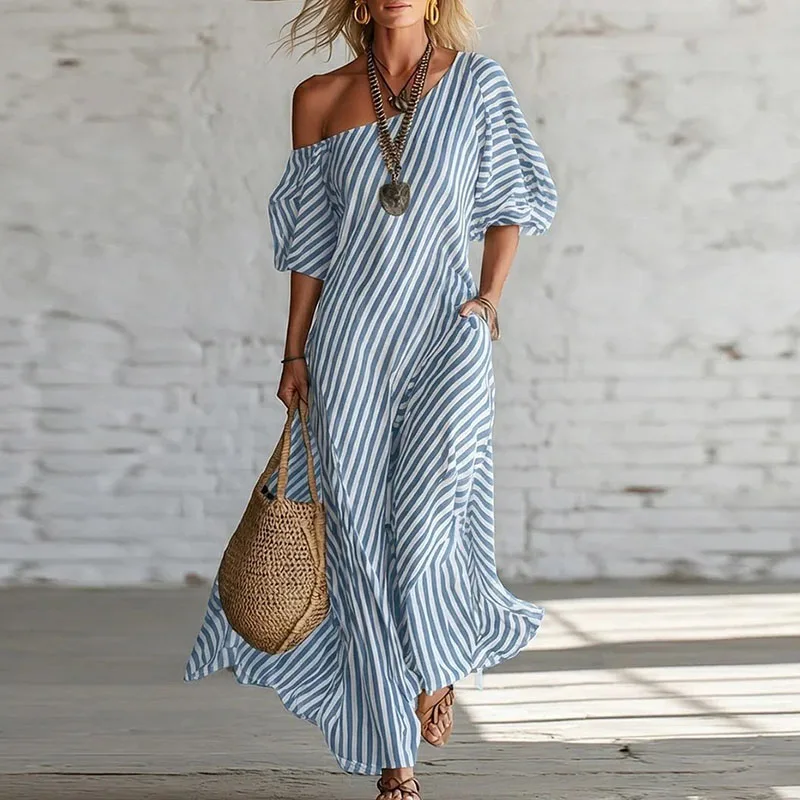 Nouvelle Robe Bohème Femme Printemps 2026 Élégante à Rayures Imprimées avec Poches, Robe Longue d'Ét