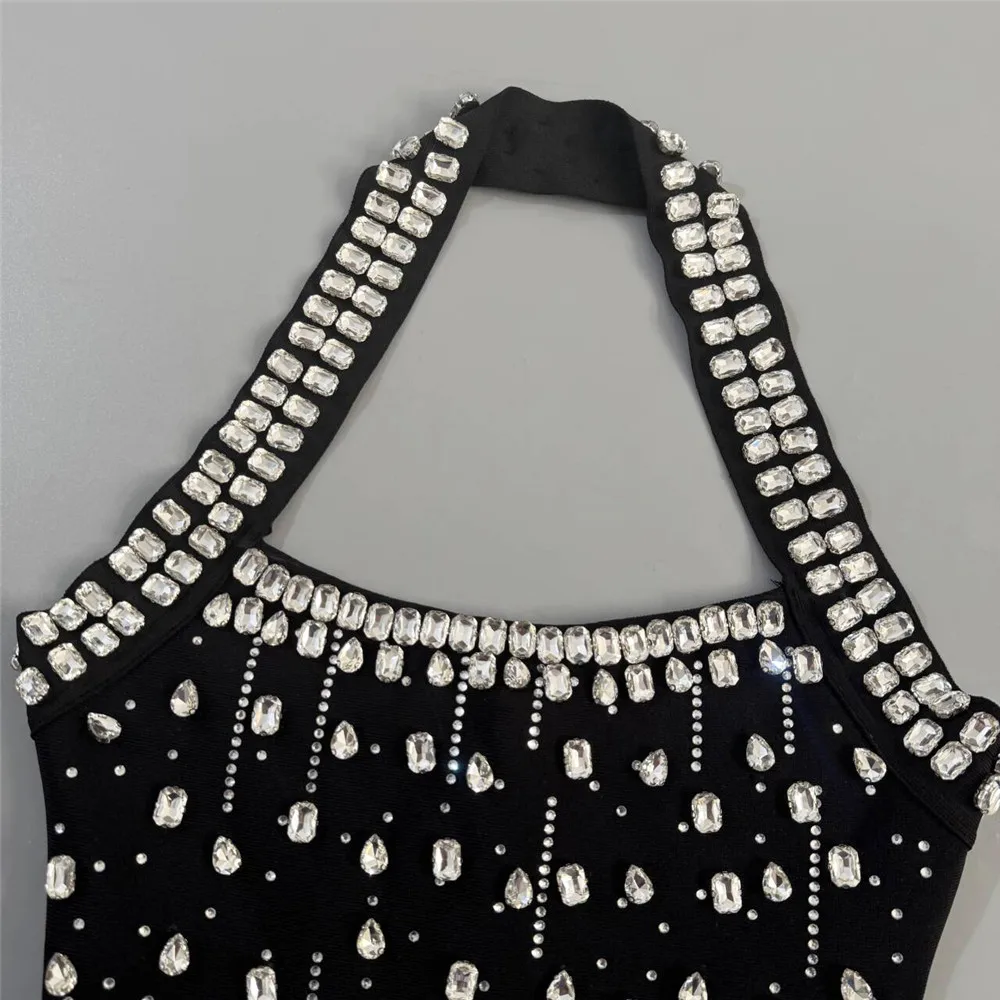 Robe de soirée mini pour femme, style halter, ornée de strass et de diamants, idéale pour les clubs 