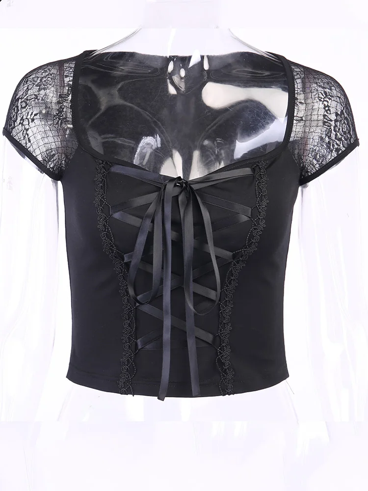 Vintage hauts Goth T-shirt femmes moulante pansement dentelle noir T-shirts gothique Streetwear Sexy