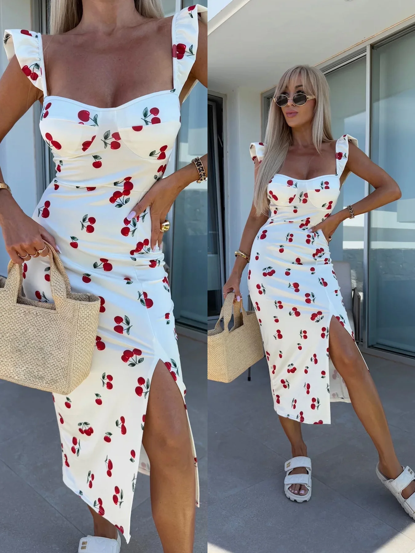 Robe d'été mi-longue pour femmes, nouveau design élégant, fleur française, bretelles, fente, été eur