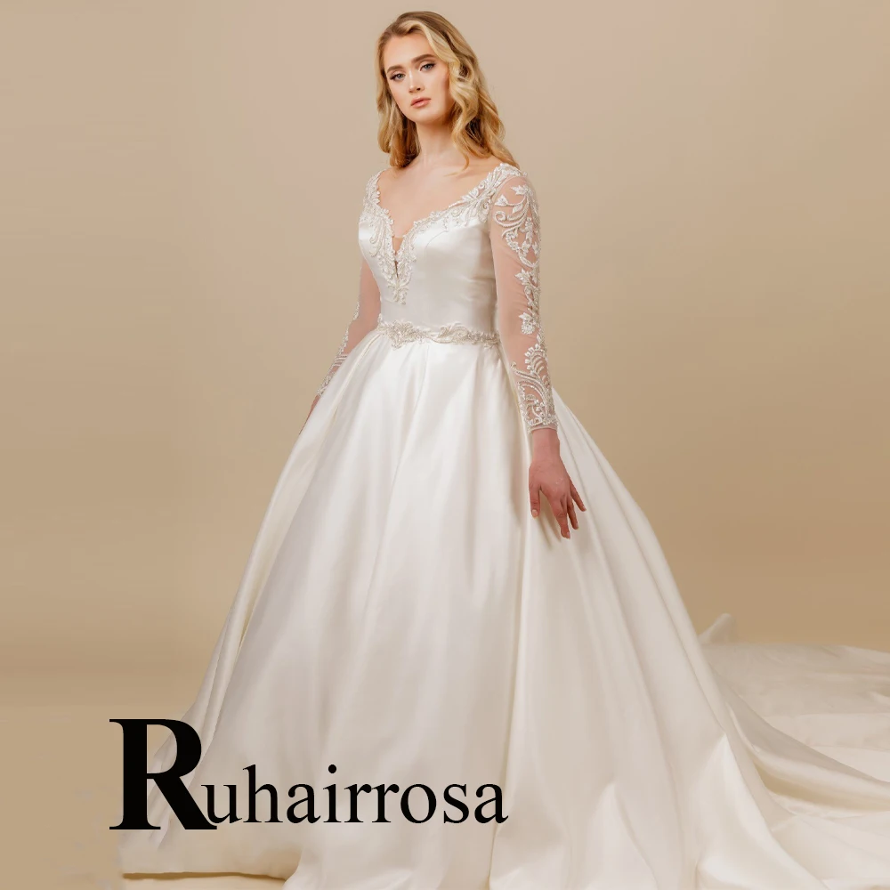 Ruhair Vintage robe De mariée pour mariée a-ligne Appliques fermeture éclair Court Train Satin chéri