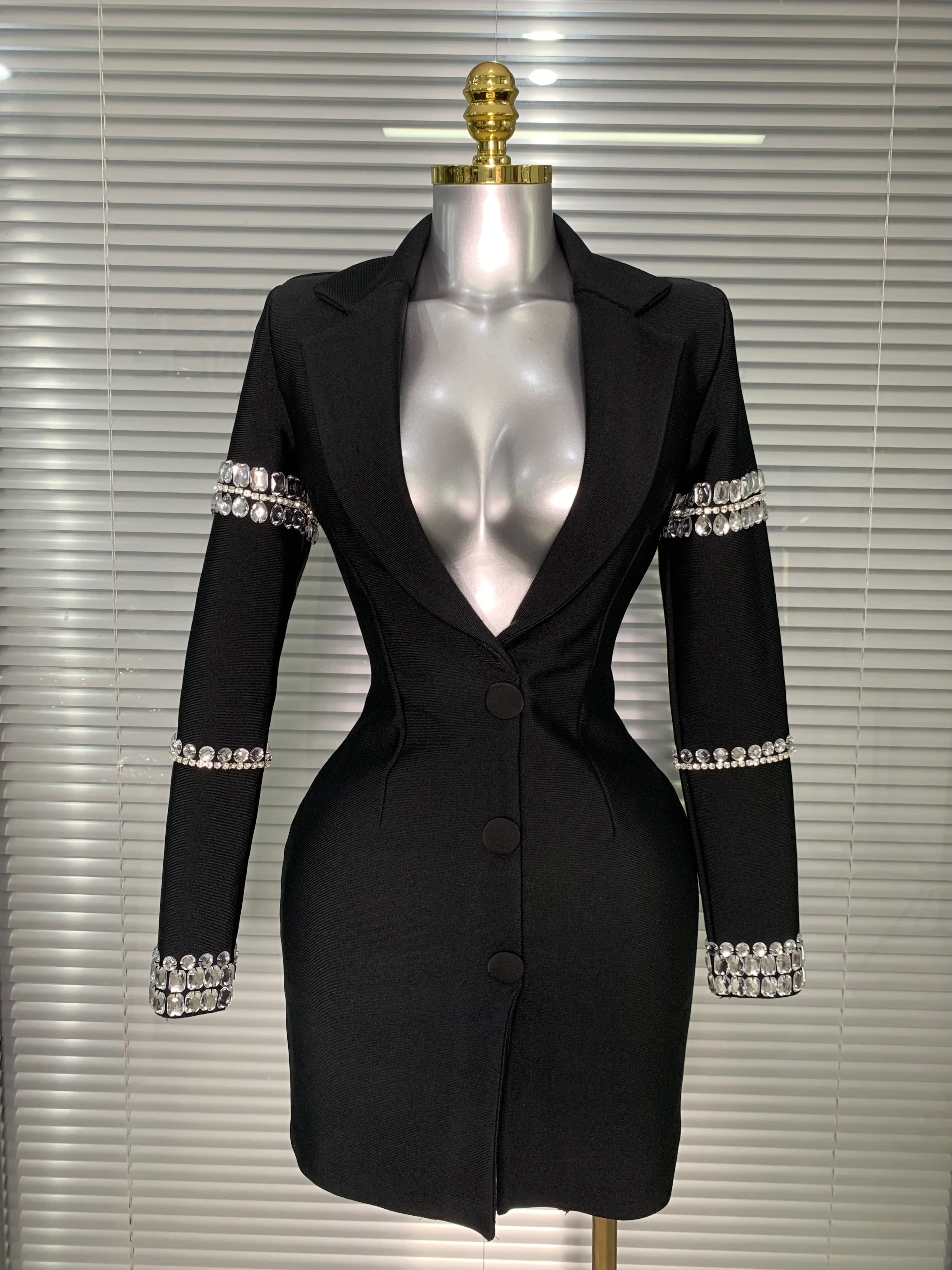 Robe à bandes pour femmes, flambant neuf, Sexy, décolleté en V profond, manches longues, Blazer perl