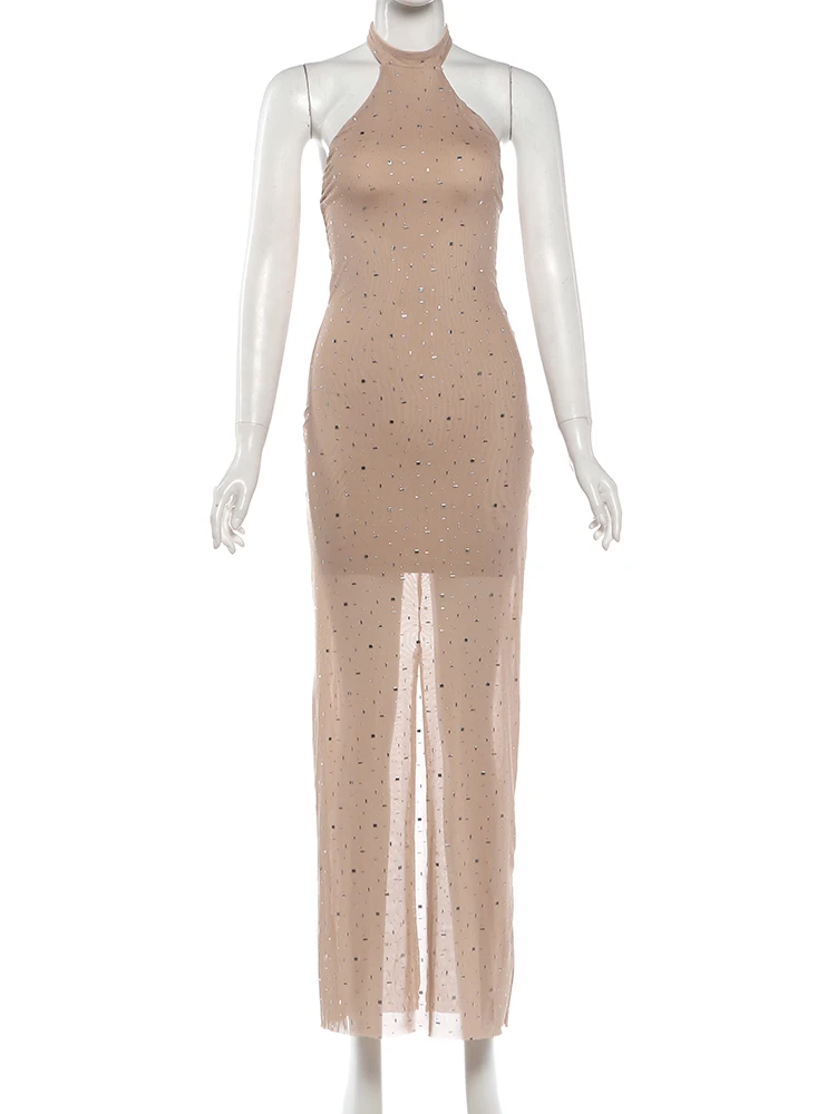 Robe de soirée sexy Kliou pour femme, décoration en faux diamants, col rond, épaules dénudées, taill