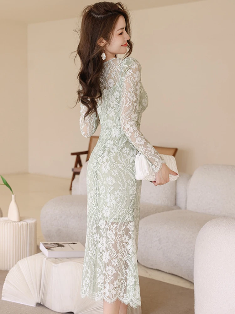Robe maxi en dentelle transparente pour femme, robe de soirée, robe de vacances, dentelle transparen