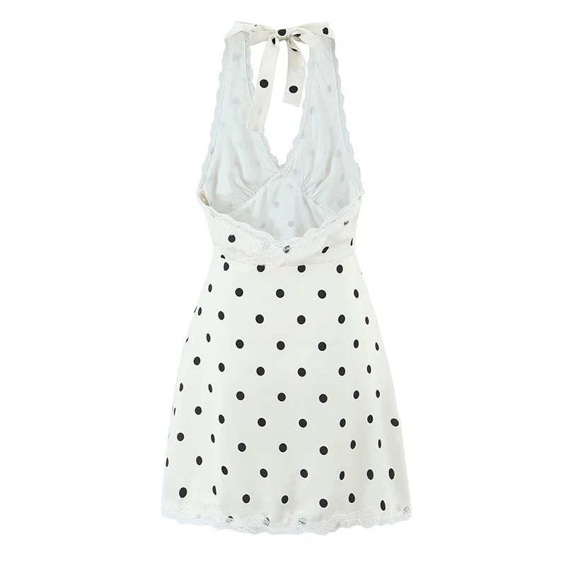 YENKYE dentelle épissé à pois Robe licou femmes élégant a-ligne Mini Sexy dos nu robes Robe d'été 20