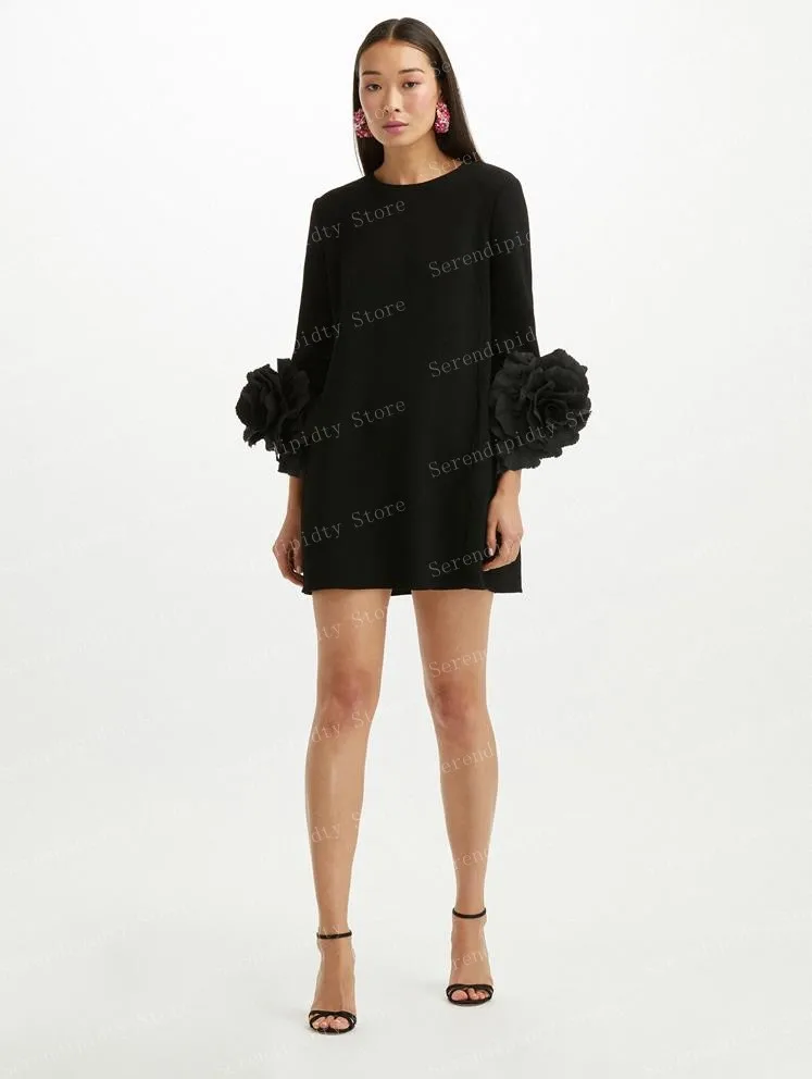 Robe en Satin à col rond pour femmes, manches longues, robe droite à fleurs, mini-robe à roses noire