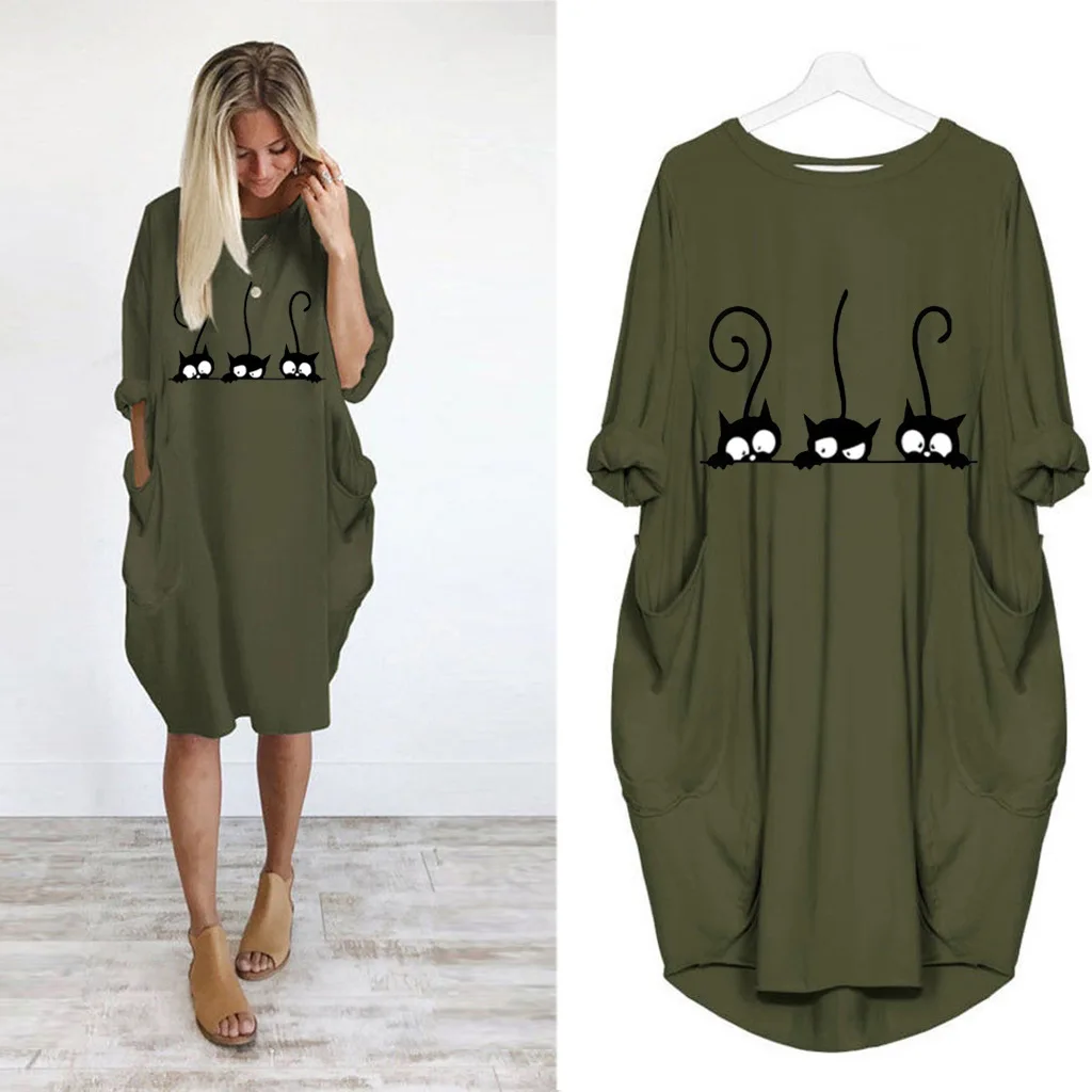 Robe ample à manches longues pour femmes, grande taille, automne hiver, décontractée, col rond, coul