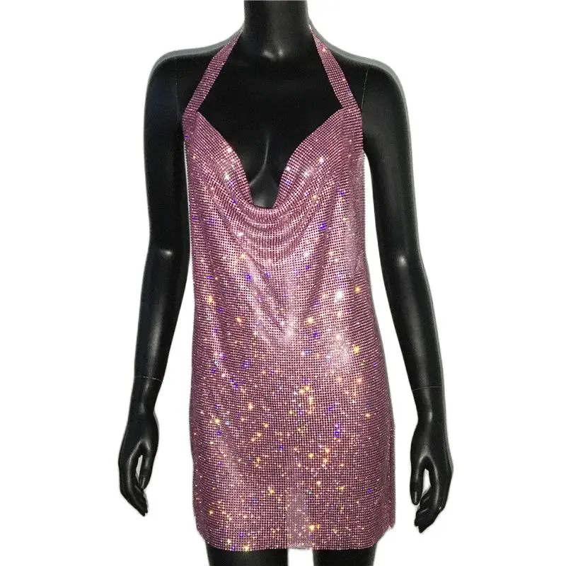 Robe dos nu en strass scintillants, Sexy, décolleté en V profond, sans manches, fendue sur le côté,