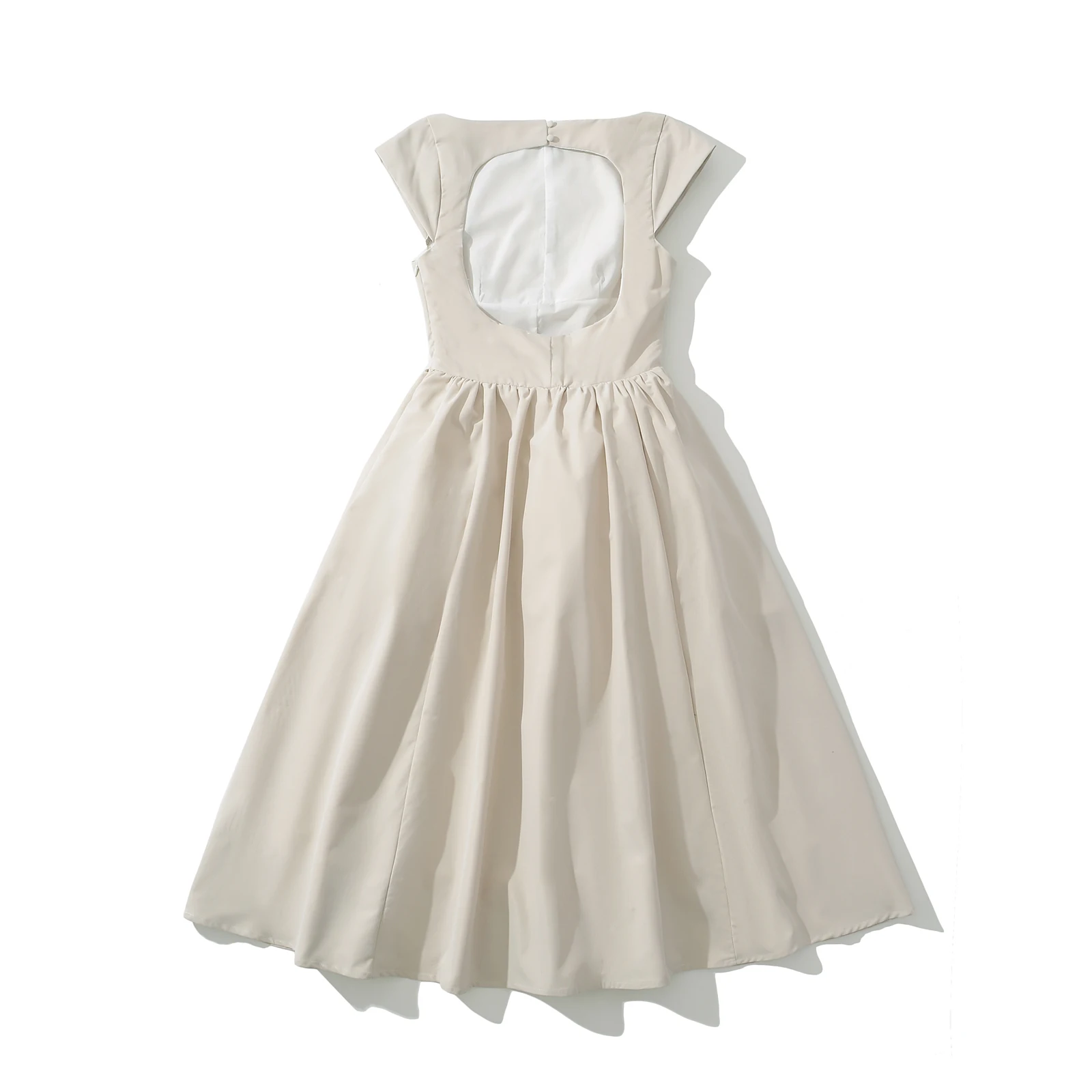 Robe mi-longue taille basse à manches courtes pour femmes, col slash sexy, dos nu évidé, robe trapèz