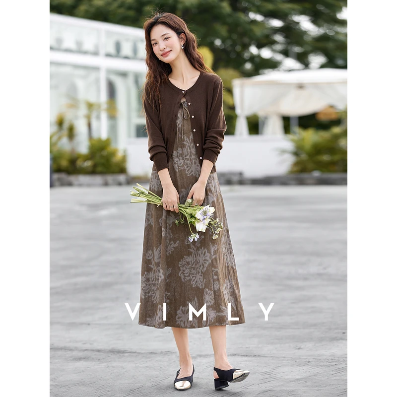 VIMLY Tenues de Vacances Femme 2026 Ensembles Robes Décontractées Manches Longues Cardigan Tricoté R