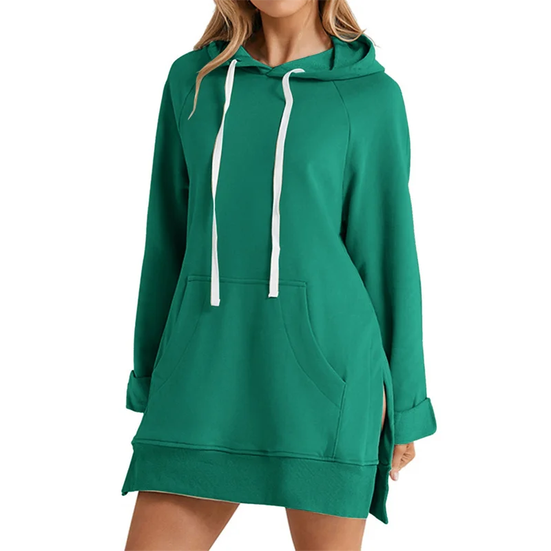 Robe à capuche pour femmes, ourlet fendu, cordon de serrage, ample avec grande poche, pull à capuche