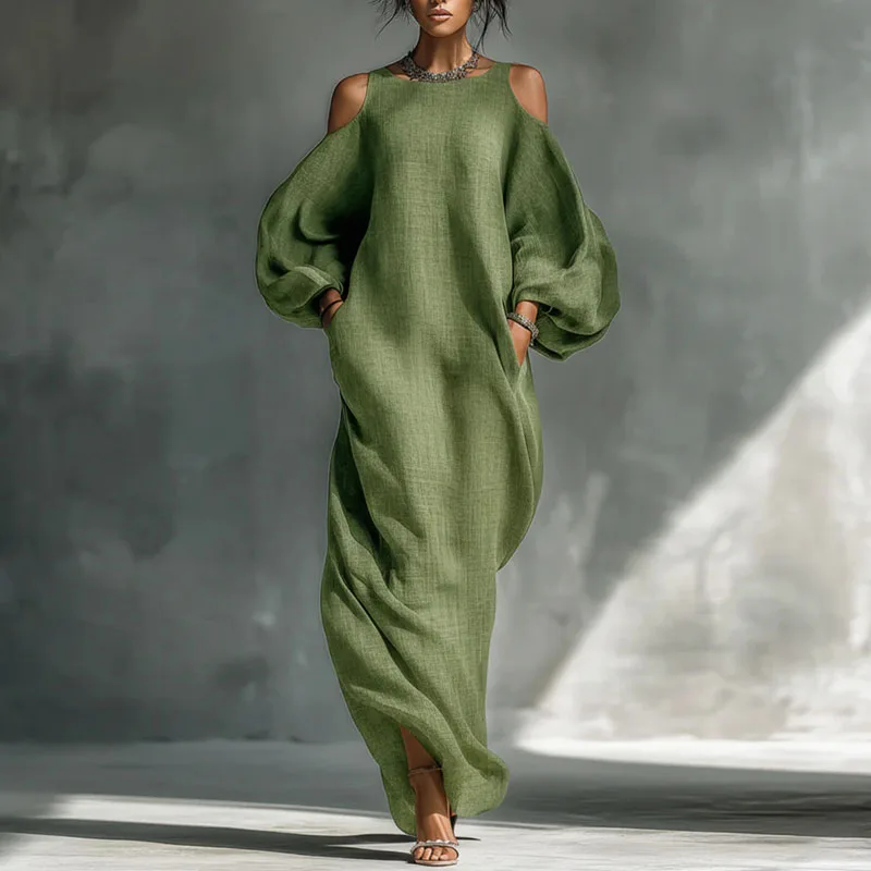 Robe longue bohème sexy pour femme, à épaules dénudées, manches lanternes, col rond, couleur unie, s