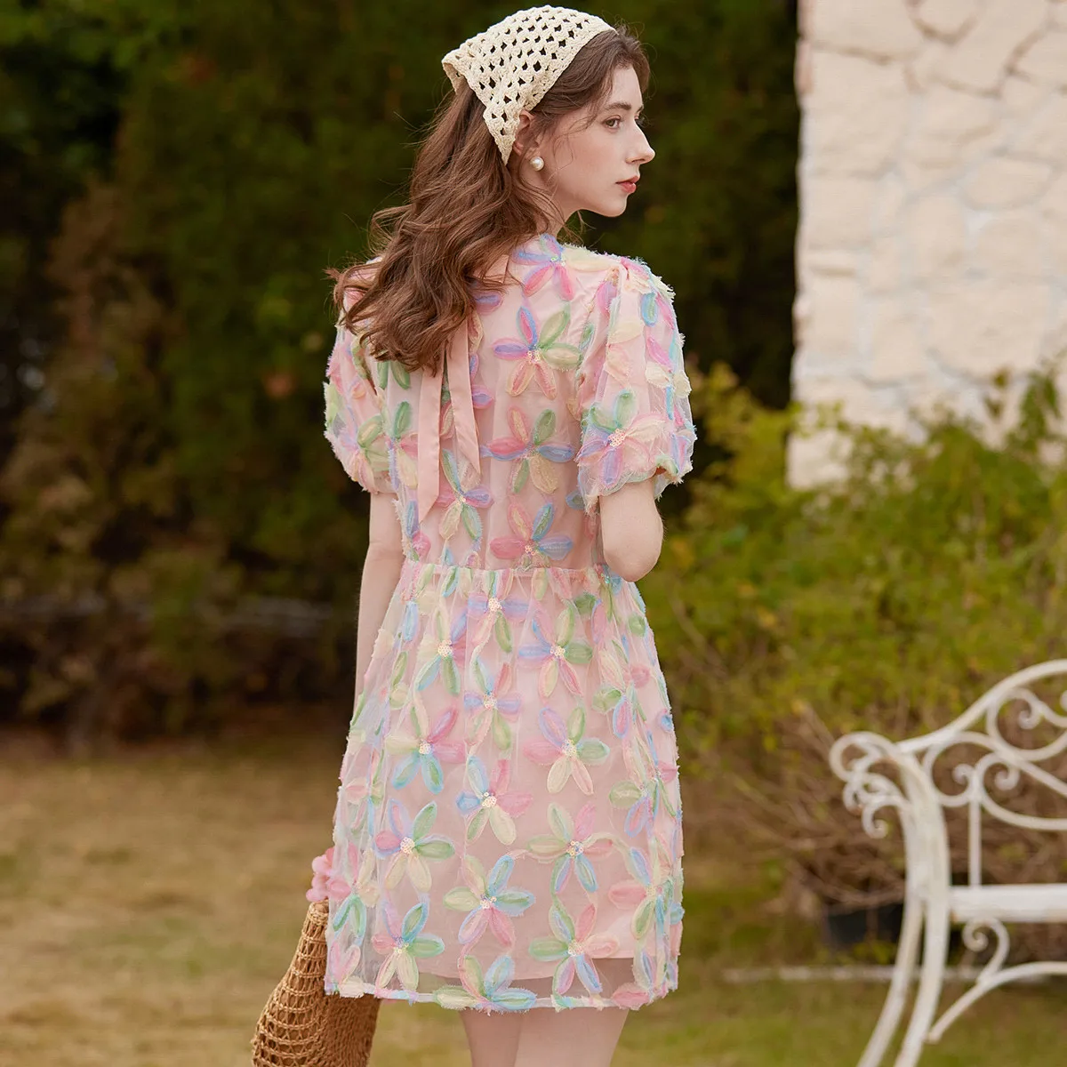 LOUIS YAO robe florale 2025 doux 3D couches sens couleur contraste robe à fleurs manches bouffantes