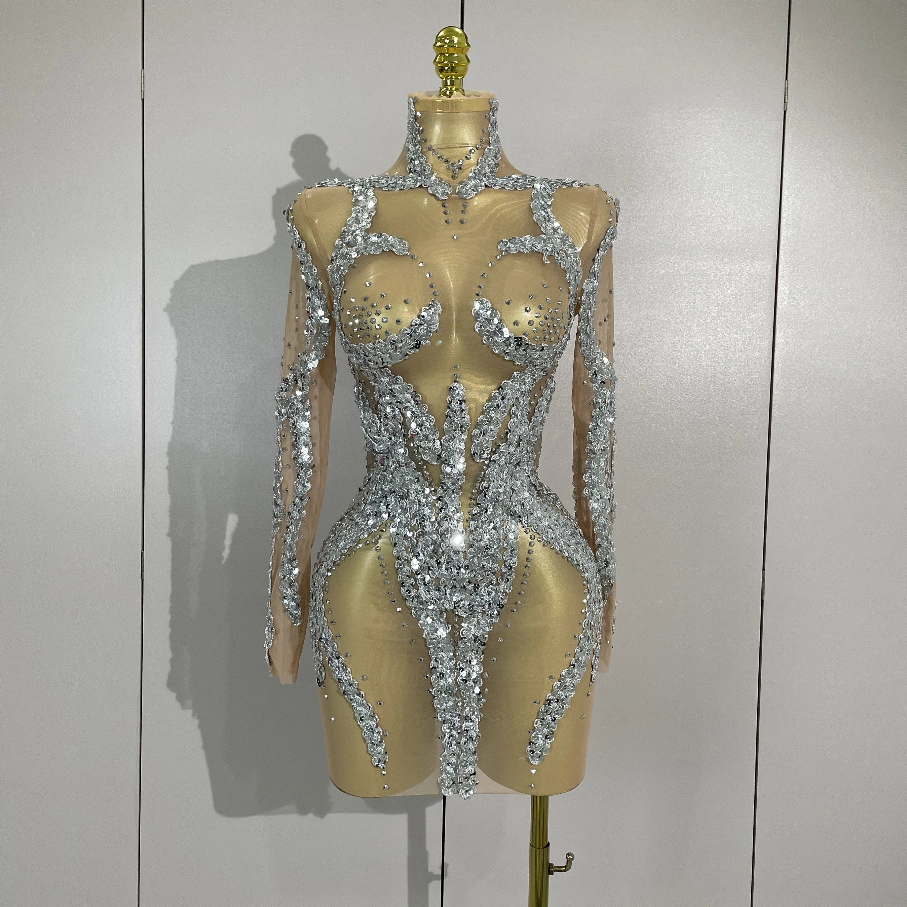 STOCK strass scintillants Sexy maille transparente Mini robe réveillon fête d'anniversaire danse dis