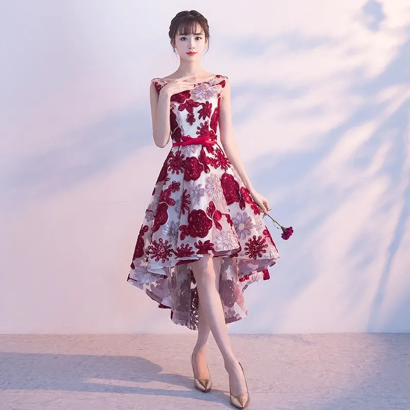DongCMY – Robe De demoiselle d'honneur bordeaux, imprimé Floral, avec des Appliques, col rond, Robe 