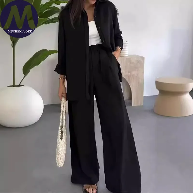 Ensemble 2 pièces d'été pour femme : Chemise à revers à manches longues et pantalon décontracté à ja