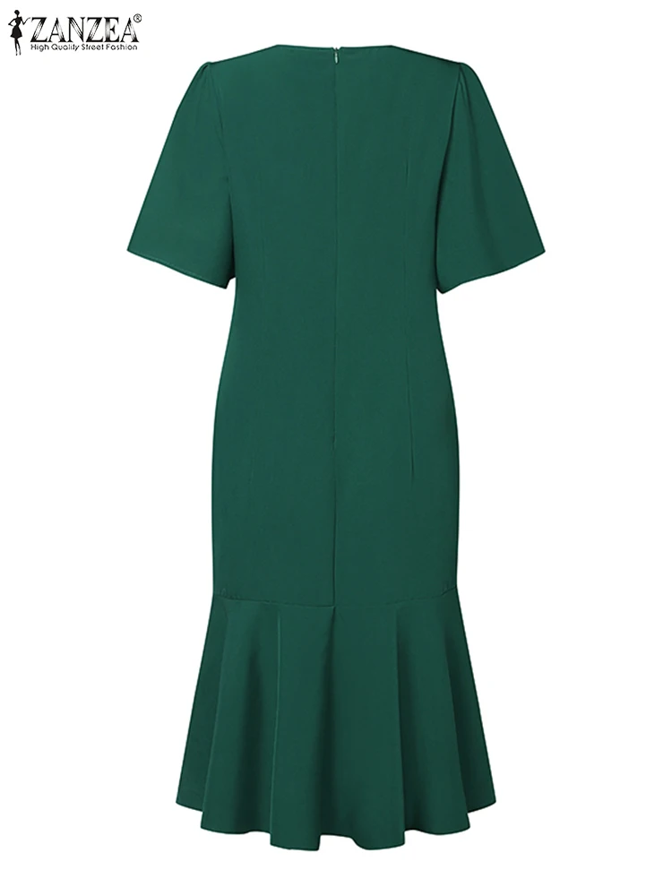 ZANZEA – Robe sirène élégante pour femmes, mode, manches courtes, col rond, ourlet à volants, ajusté