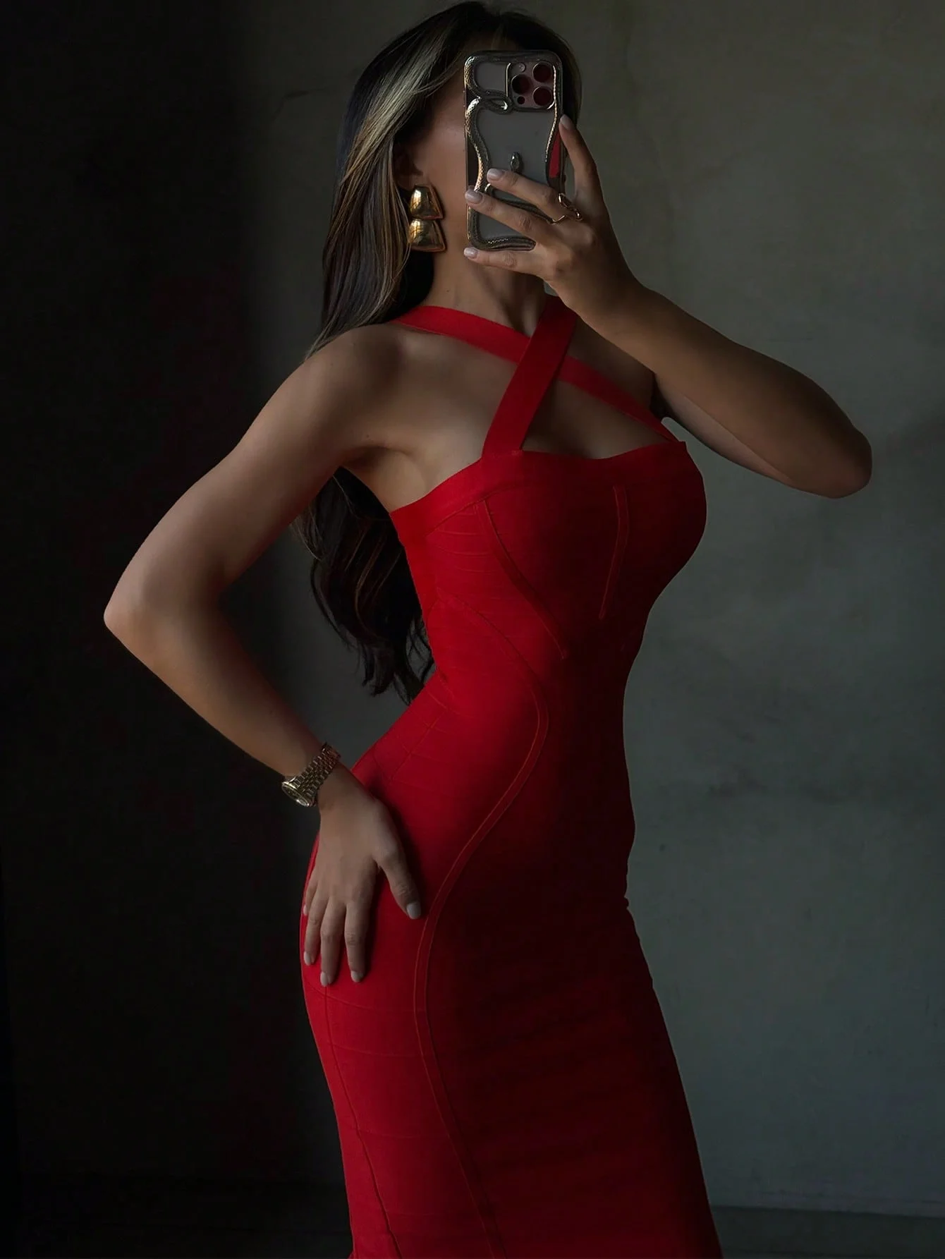 Sexy licou rouge côtelé Midi robe moulante pour les femmes robe de pansement élégante soirée Cocktai