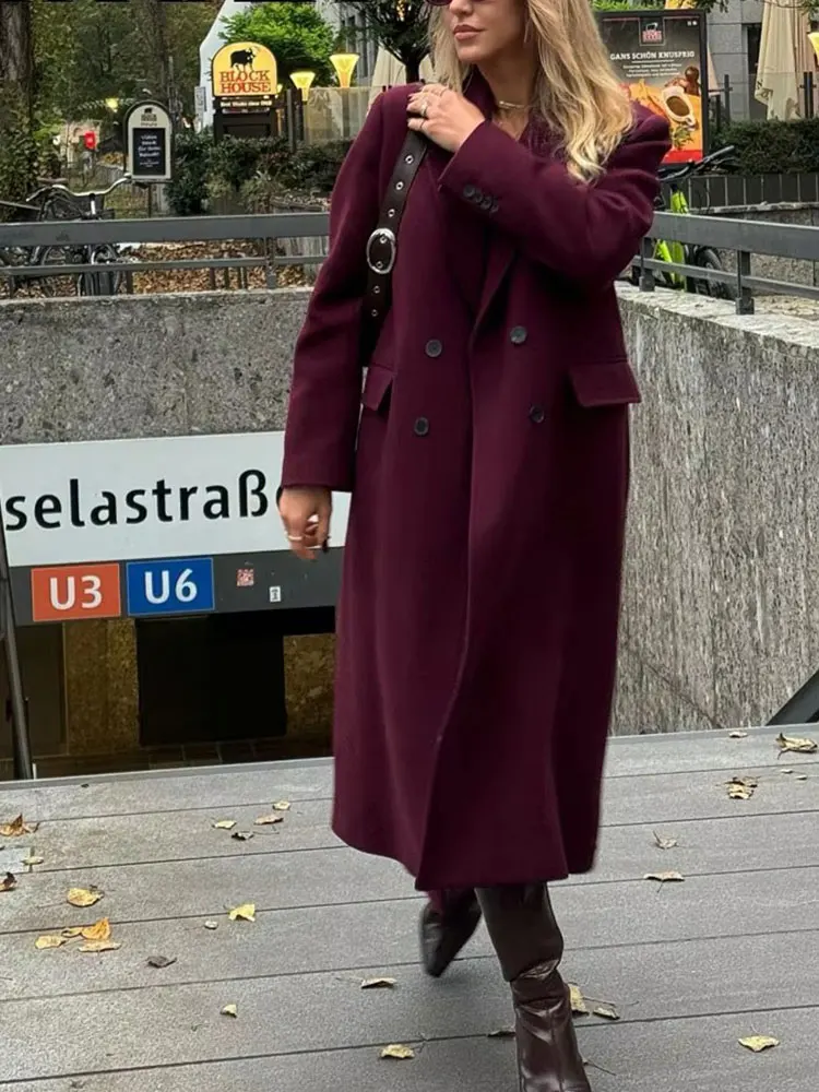 HH femmes mode bordeaux manteau Double boutonnage à manches longues revers mélanges veste automne hi